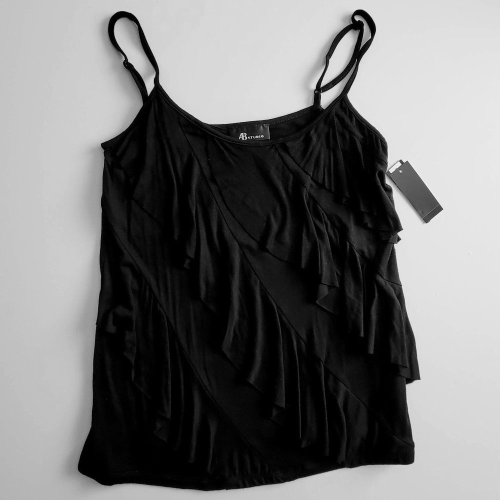 AB STUDIO Black Knit Ruffle Front Tank